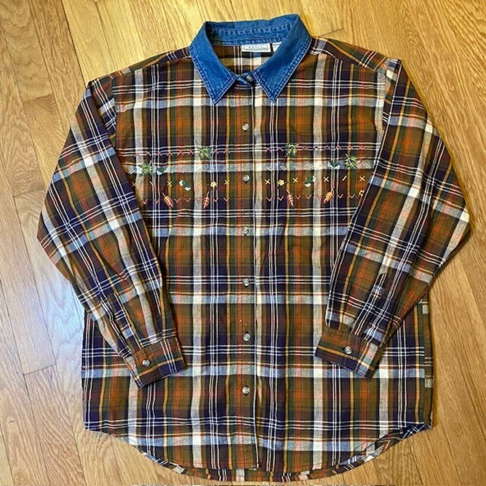 Vintage Basic Editions Brown Plaid Embroidered Wo… - image 1